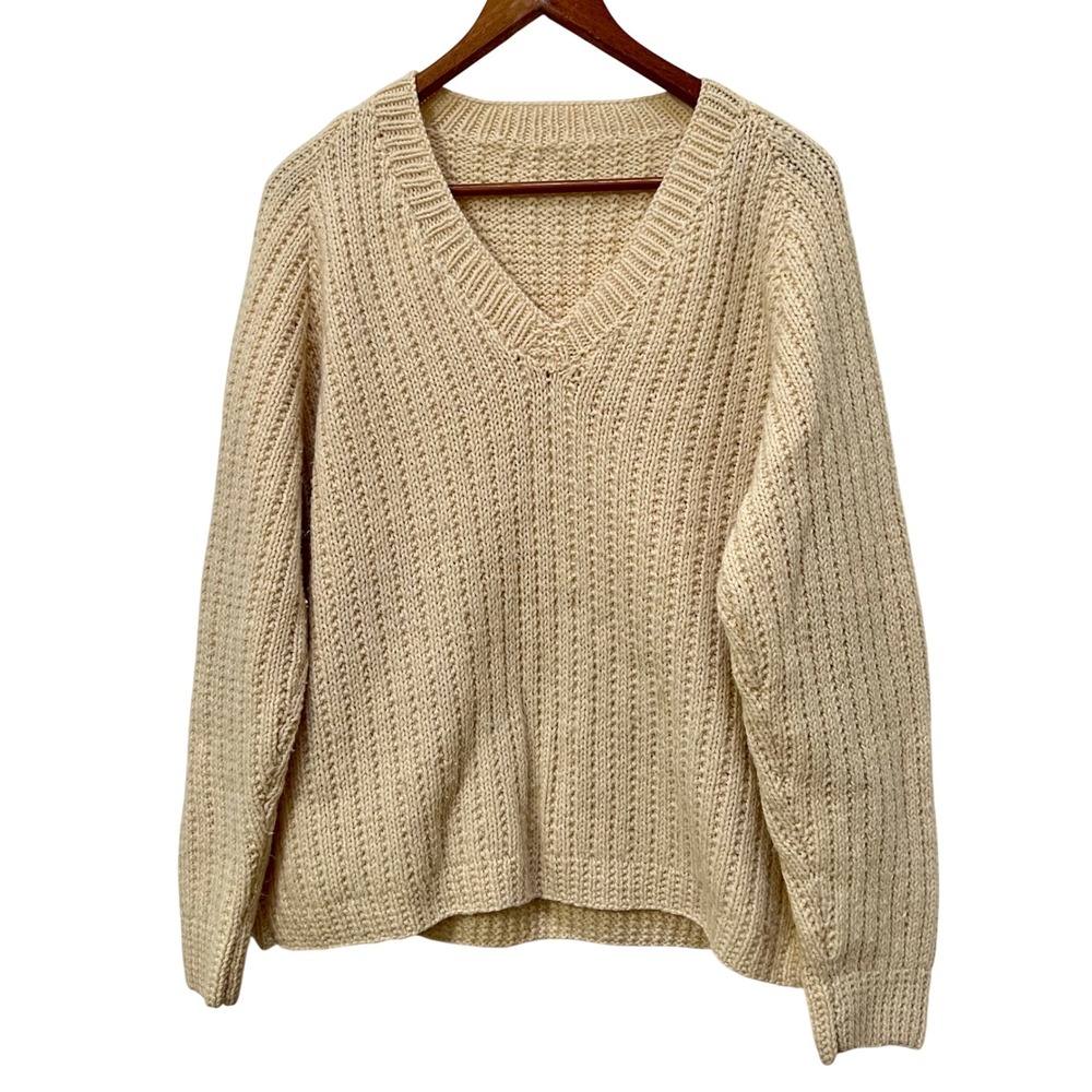 Handmade Vintage 70s V-Neck Ribbed Knit Sweater Cream Chunky Pullover Grandpa XL